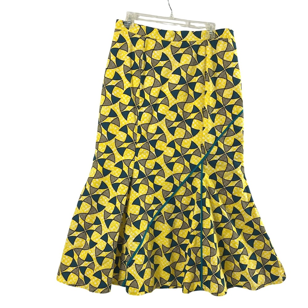 Ashro Maxi Skirt Women Size 12 Maximalist Yellow Green Geo Print Artsy Festival